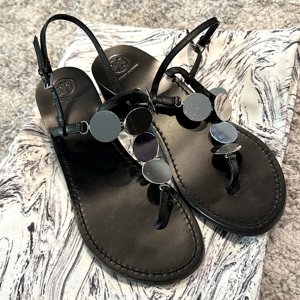 Tory Burch Patos Disk Sandals Heels Black Silver Coin